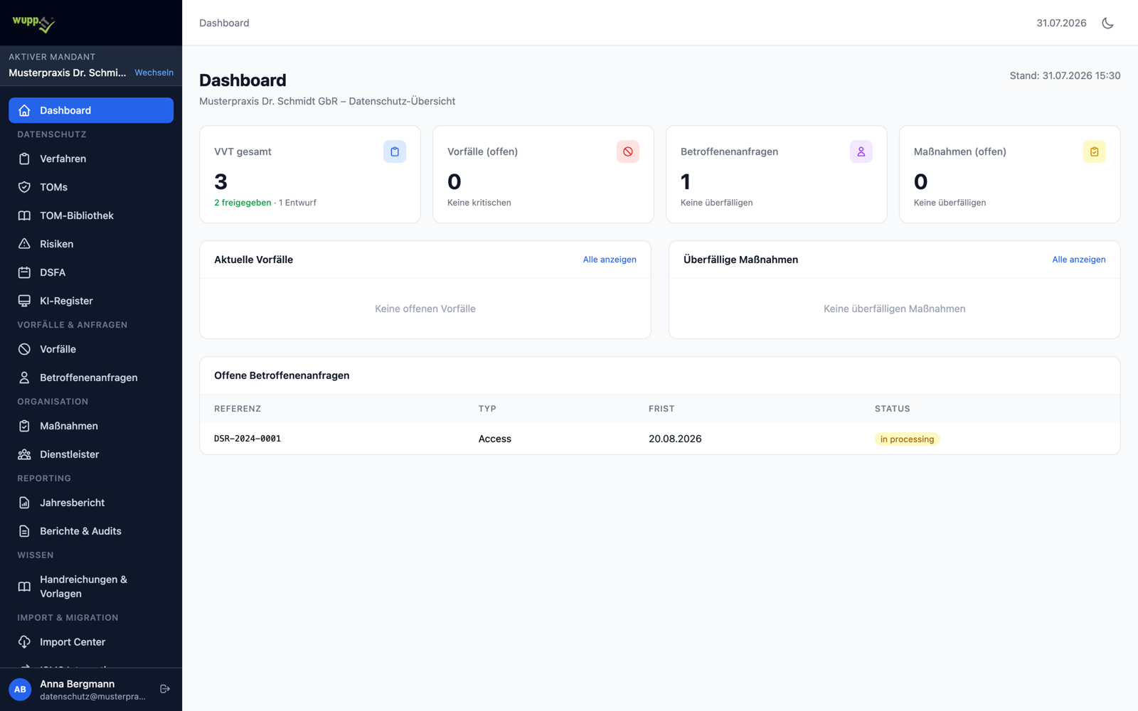 Dashboard des Datenschutz-Management-Systems mit Kennzahlen zu Verarbeitungstätigkeiten, offenen Maßnahmen und Fristen