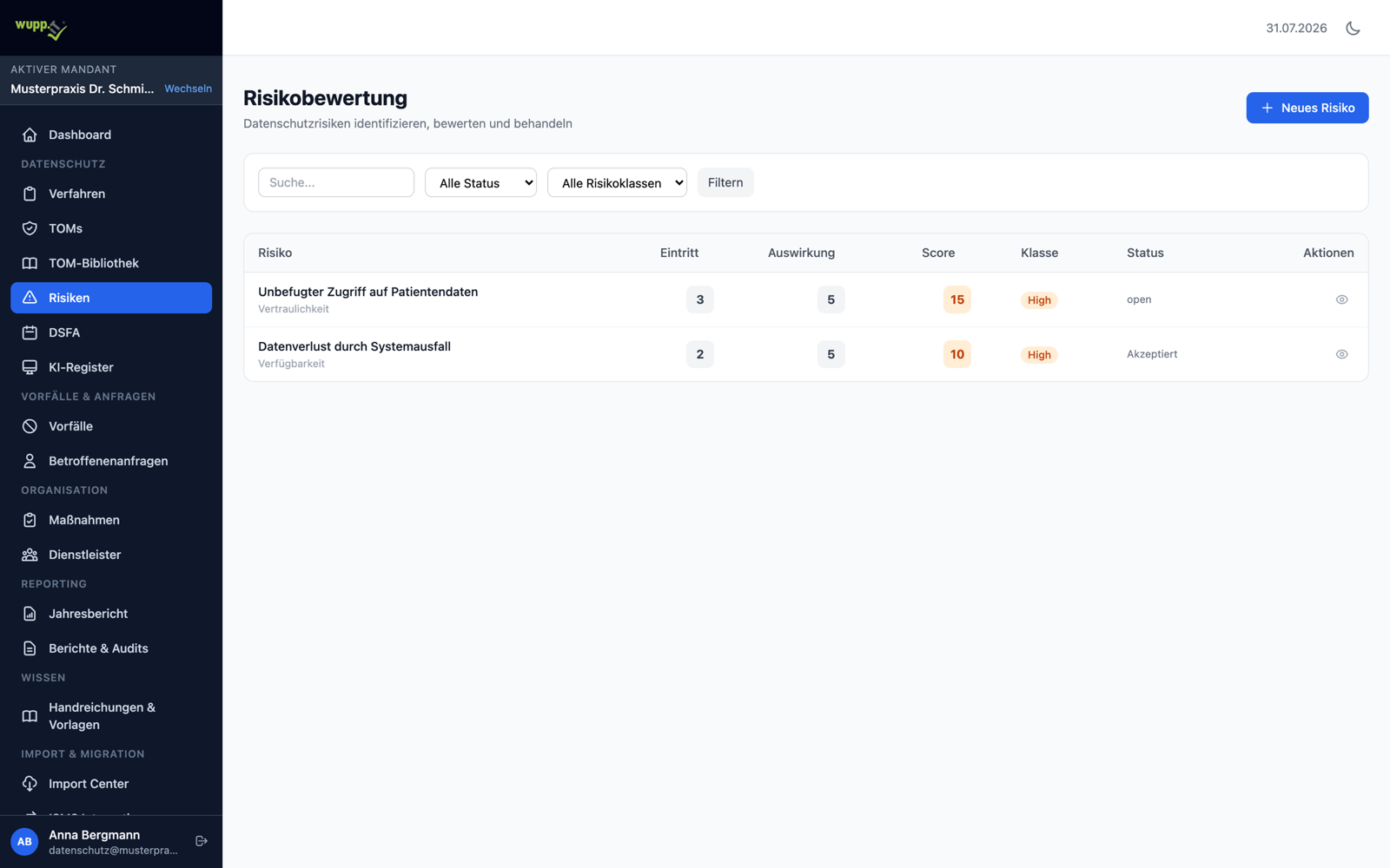 Risikobewertung im DSMS mit Eintrittswahrscheinlichkeit, Auswirkung, Score, Risikoklasse und Status